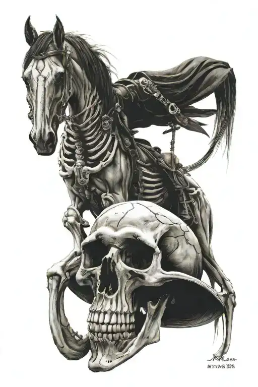 skeleton cowboy, skeleton horse, black and white, detailed, bones, horse skull, no skin tattoo design idea
