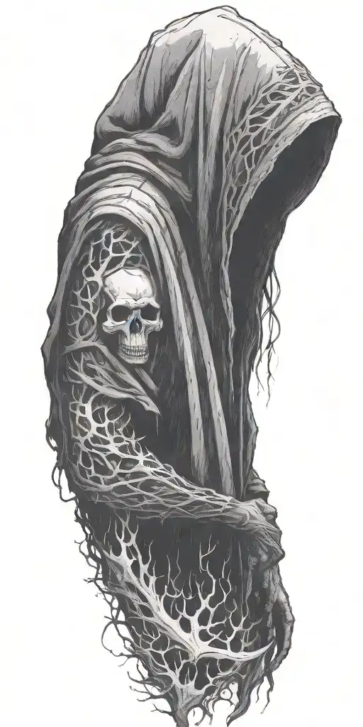 hooded reaper silohuette, smoke, fire, scary, bat wings, thorns tattoo design idea