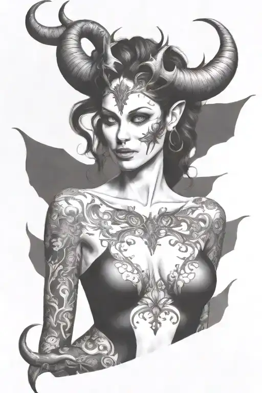 succubus, full body, silohuette, large horns on head, smiling, seductive, symetrical, thorns, large breasted, nude tattoo design idea