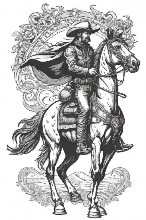 cowboy horseback, sideview, detailed, standing still, holding reigns tattoo design idea