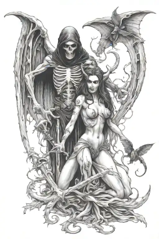 succubus and a grim reaper, seductive  tattoo design idea
