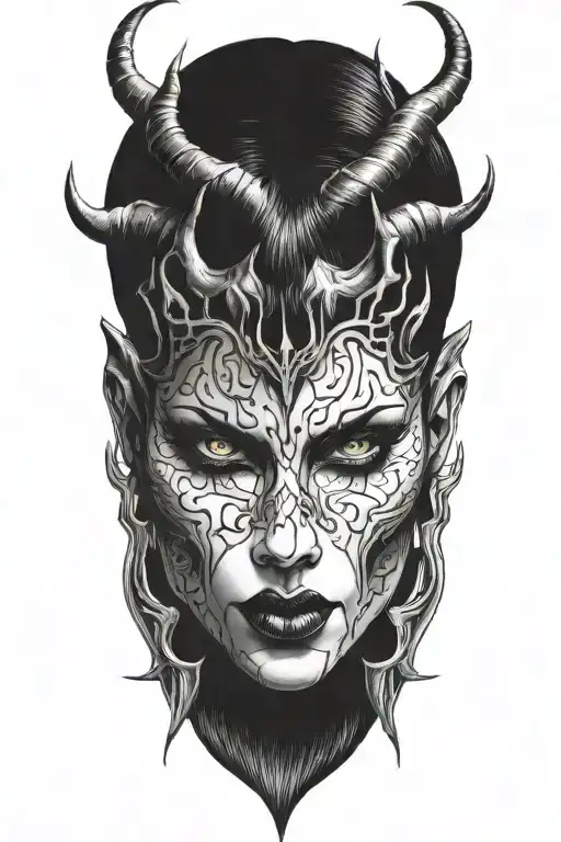 succubus, smoke, thorns, seductive, attractive woman, horns, symetrical  tattoo design idea