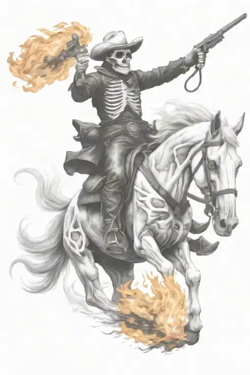 skeleton cowboy, skeleton horse, fire tattoo design idea