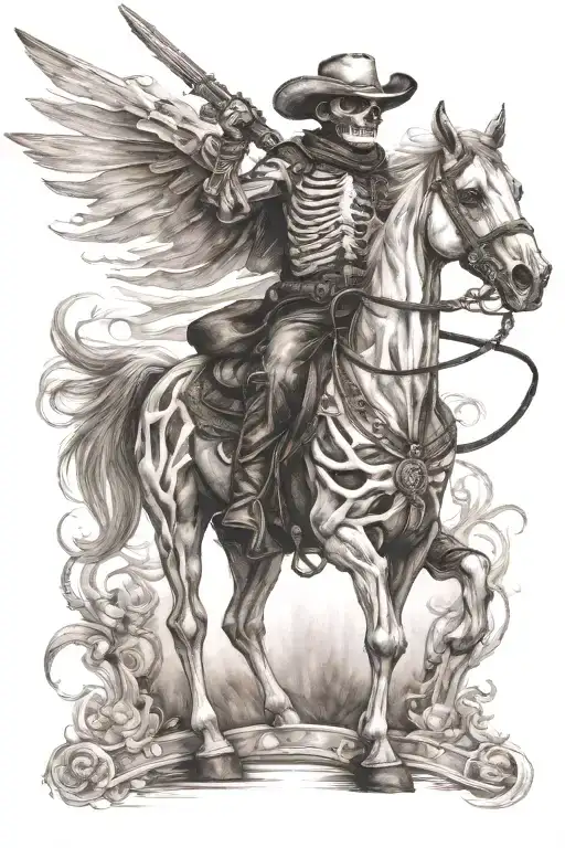 skeleton cowboy, skeleton horse, caspian sword  tattoo design idea