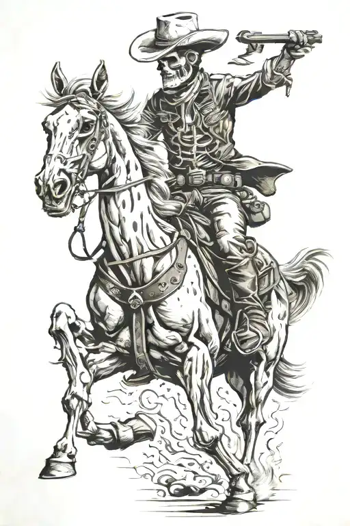 skeleton cowboy, skeleton horse, skeleton, lone rider, skull cowboy, running horse  tattoo design idea