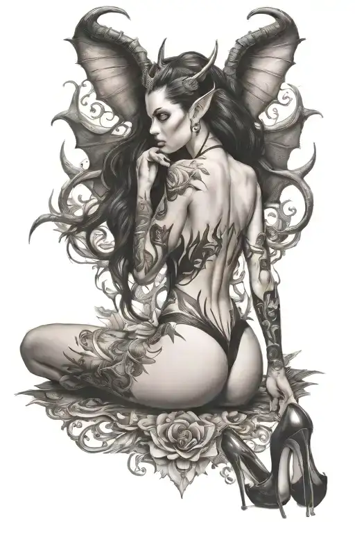 succubus, back and shoulders, sexual, ful body, high heels, spread legs, large horns tattoo design idea
