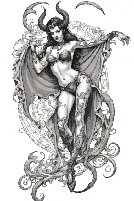 succubus, full body, attractive woman, seductive, sexual stance  tattoo design idea