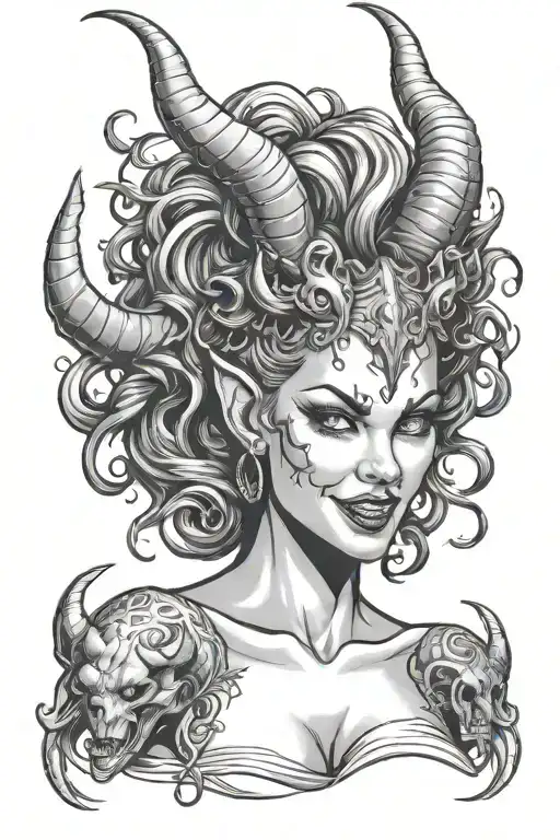 succubus, seductive, tongue out, sexual, large breasted, attractive woman, demoness, twisted horns, smiling tattoo design idea