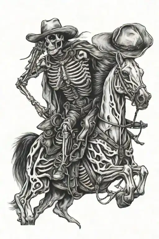 skeleton cowboy, skeleton horse, black and white, detailed, bones tattoo design idea