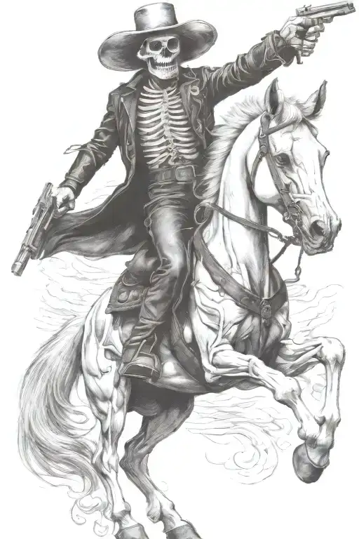 skeleton cowboy, skeleton horse, fire tattoo design idea