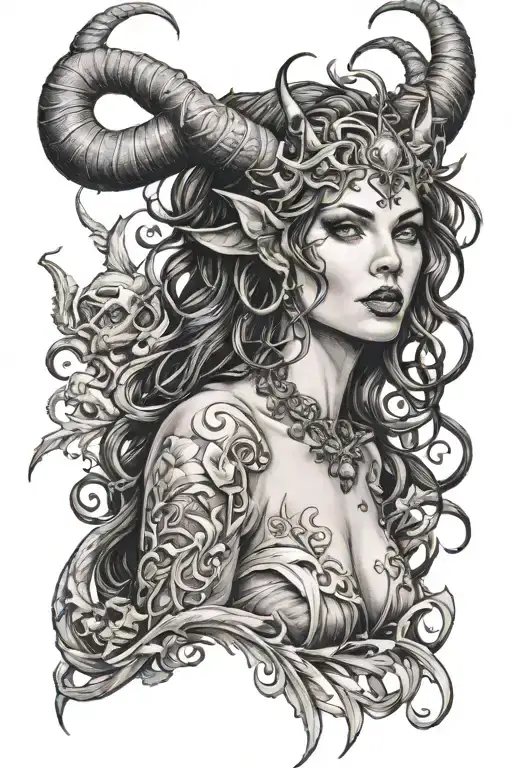 succubus, large breasted, attractive woman, horns tattoo design idea