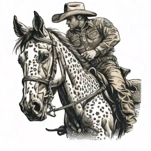 cowboy horseback, sideview, detailed, standing still, holding reigns tattoo design idea