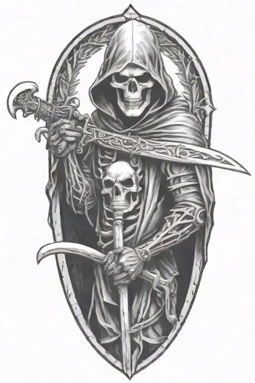 hooded Reaper, darkness,, scary, holding a scythe tattoo design idea