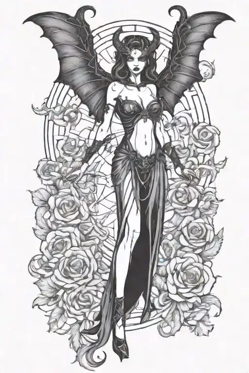 succubus, standing, heels, batwings, large breasted, laced clothing, attractive woman, large horns tattoo design idea