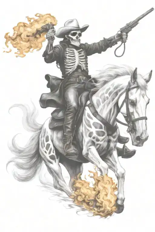 skeleton cowboy, skeleton horse, fire tattoo design idea