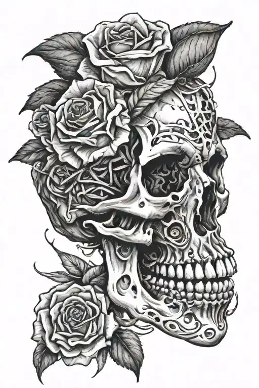 Rose inside skull mouth tattoo design idea