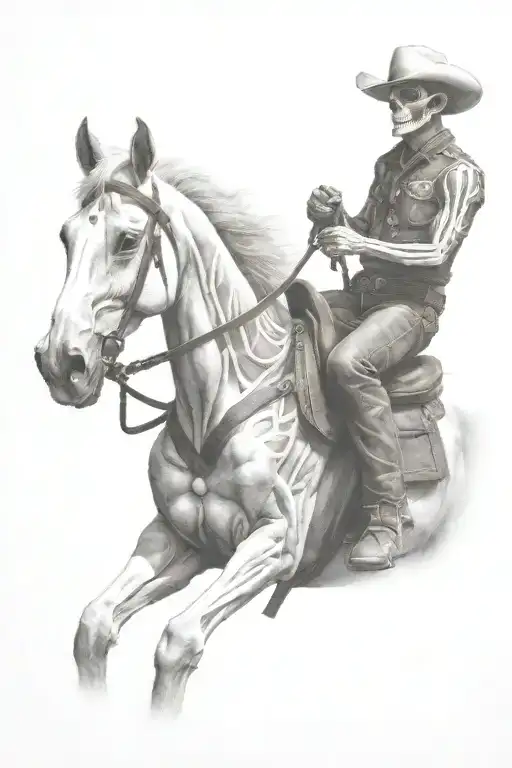 skeleton cowboy, skeleton horse, black and white, detailed tattoo design idea