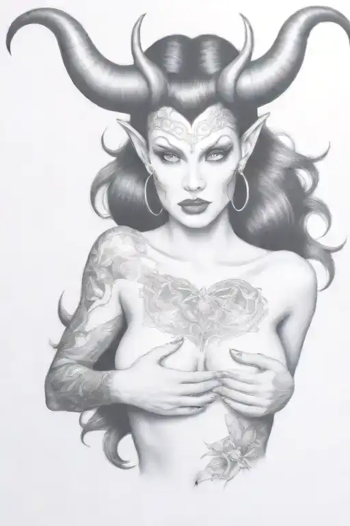 succubus, large breasted, attractive woman, small horns, symetrical horns tattoo design idea