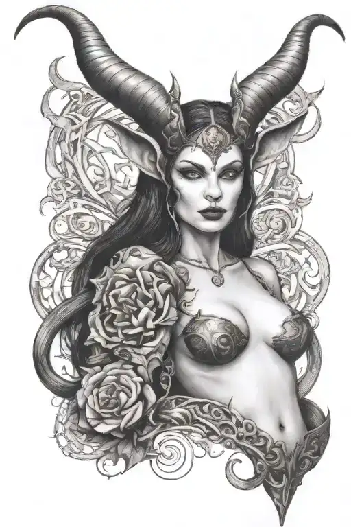 succubus, large breasted, attractive woman, small horns, symetrical horns tattoo design idea