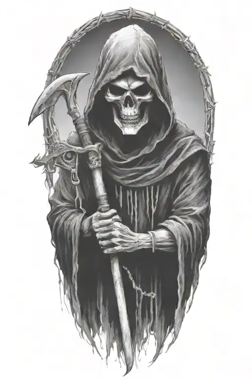 hooded Reaper, darkness,, scary, holding a scythe tattoo design idea