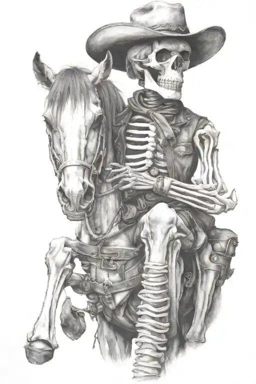skeleton cowboy, skeleton horse, detailed tattoo design idea