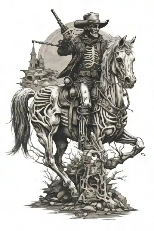 skeleton cowboy, skeleton horse, black and white, detailed, bones tattoo design idea