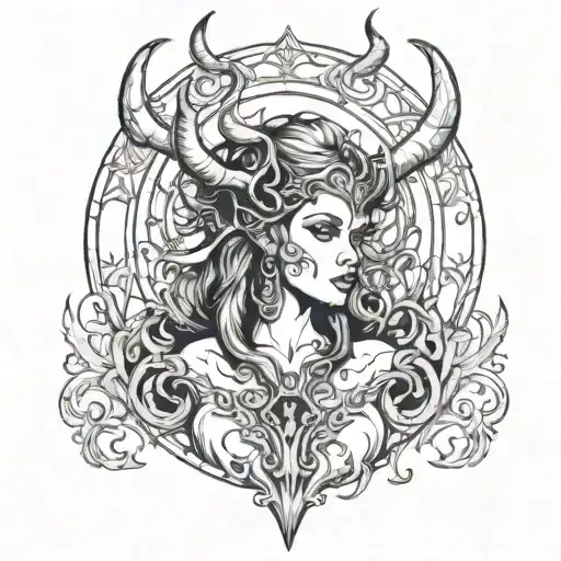 succubus, large horns, symetrical tattoo design idea