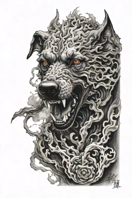 hell hound, smoke, vicious tattoo design idea