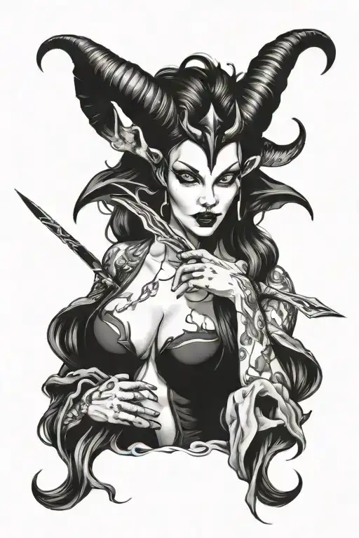 succubus, seductive, sexual, large breasted, attractive woman, demoness, large horns, licking a blade tattoo design idea