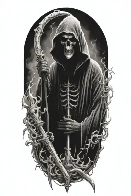 Grim Reaper, smoke, succubus, scythe tattoo design idea