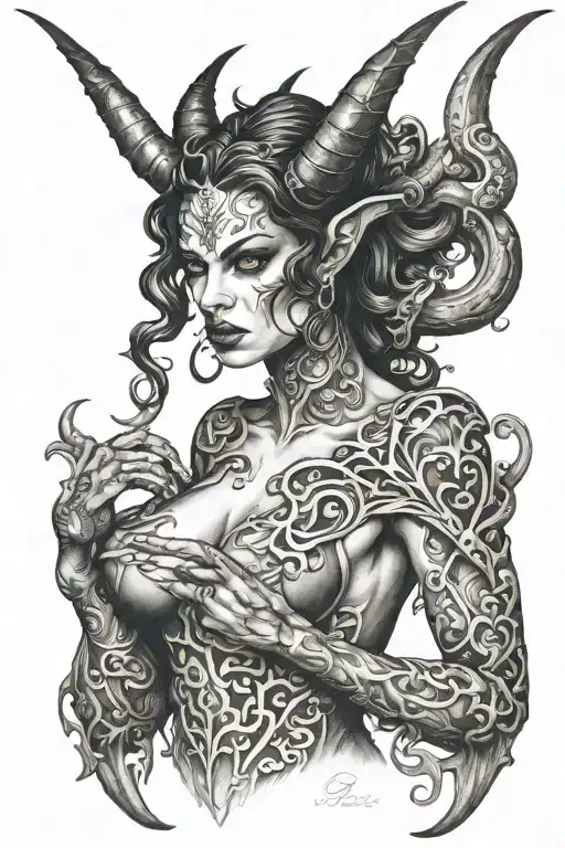 succubus, seductive, full body  tattoo design idea