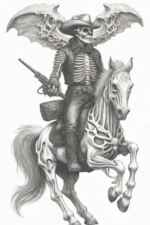 skeleton cowboy, skeleton horse, black and white, detailed, bones, horse skull, no skin tattoo design idea