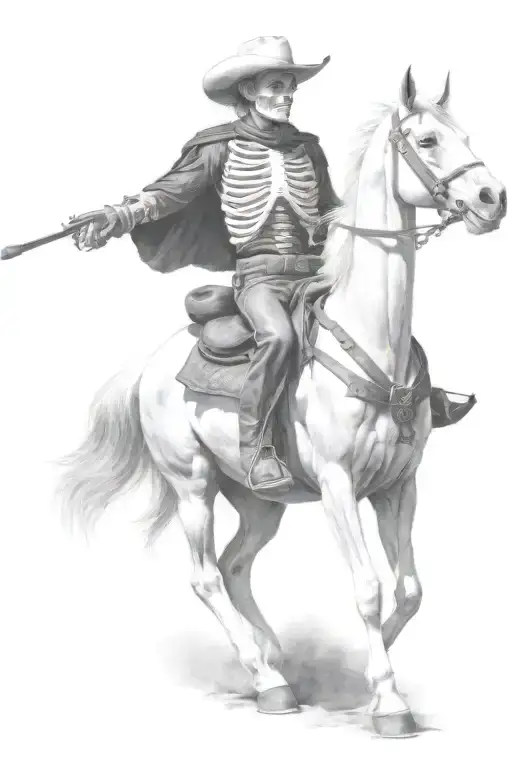 skeleton cowboy, skeleton horse, black and white, detailed tattoo design idea