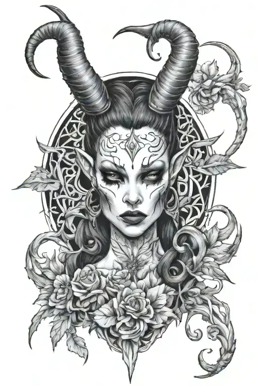 succubus, small head horns, attractive woman, seductive, large reasted, symetrical horns, full body tattoo design idea