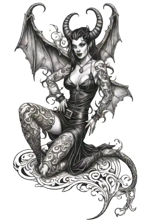 succubus, full body, tattooed, large breasted, attractive woman, large twisted horns, demoness, seductive, heels tattoo design idea
