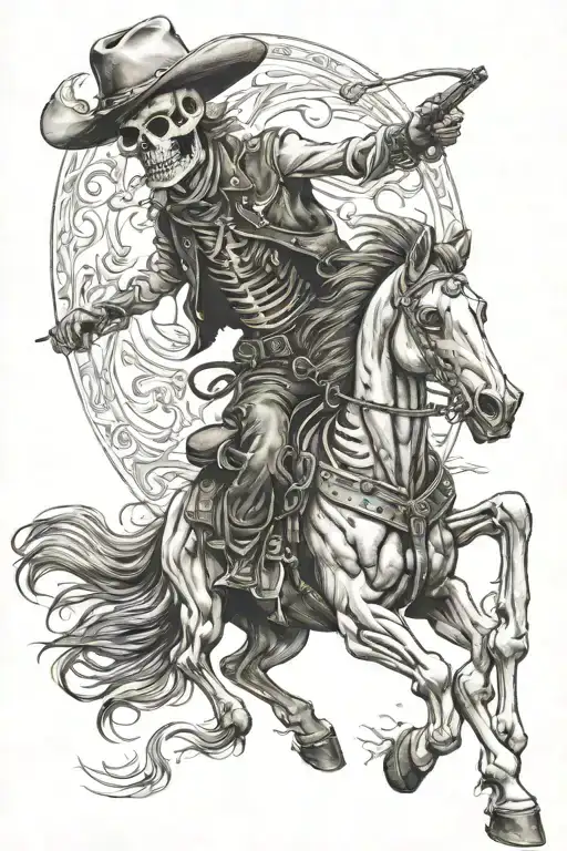 skeleton cowboy, smoking, skeleton horse, running tattoo design idea