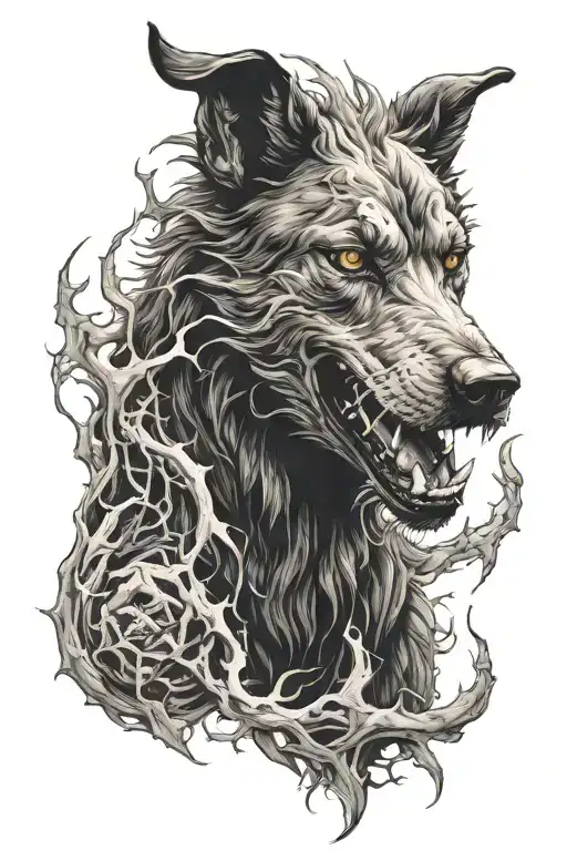 hell hound, smoke, vicious, fire, thorns tattoo design idea
