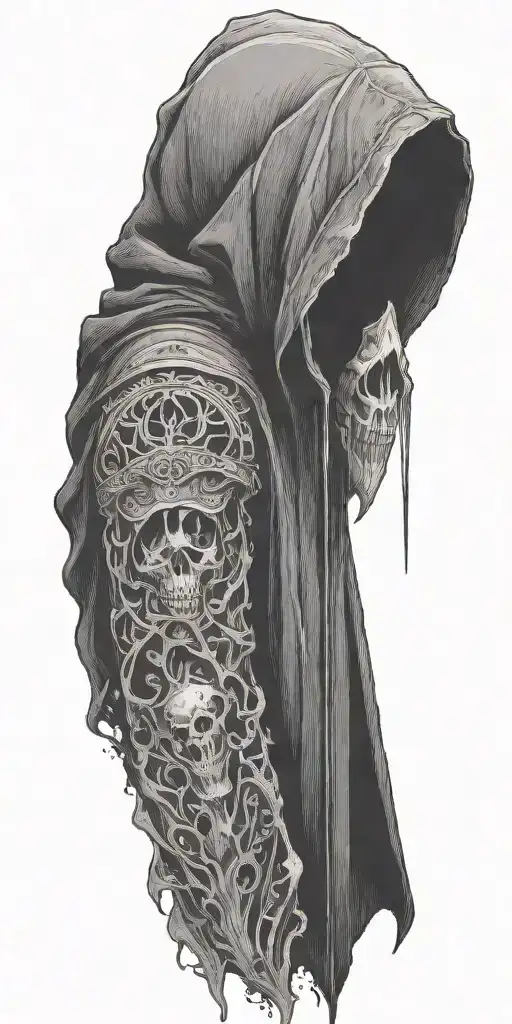 hooded reaper silohuette, smoke, fire, scary, bat wings tattoo design idea