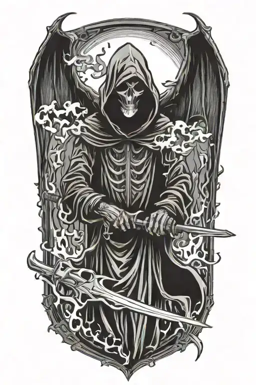 hooded reaper silohuette, smoke, fire, scary, bat wings tattoo design idea