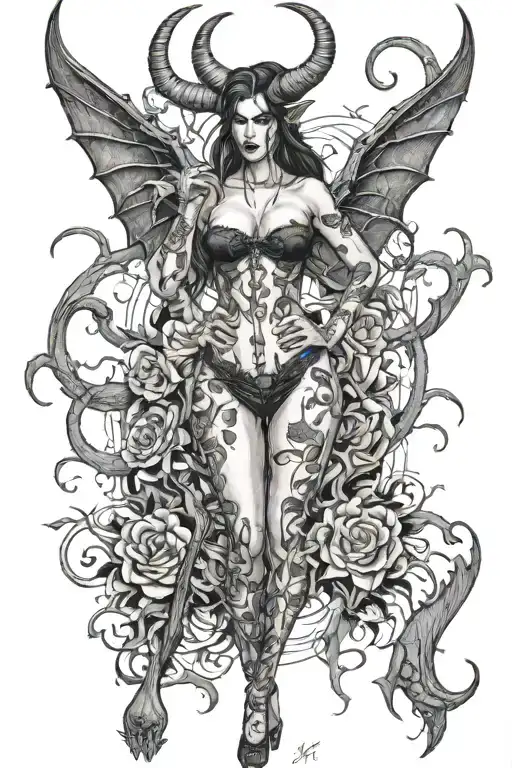 Succubus, seductive, large breasted, lingerie, tattooed, full body, standing, large horns, thorns tattoo design idea