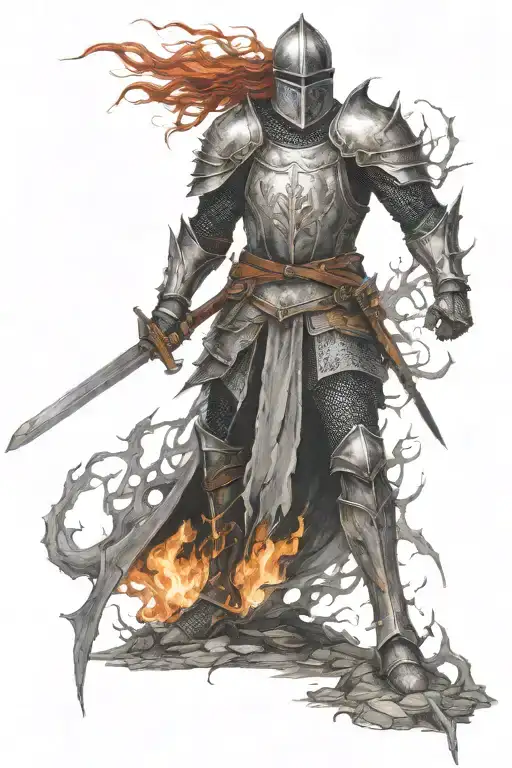 knight on fire, in battle, medevil, thorns, standing alone tattoo design idea