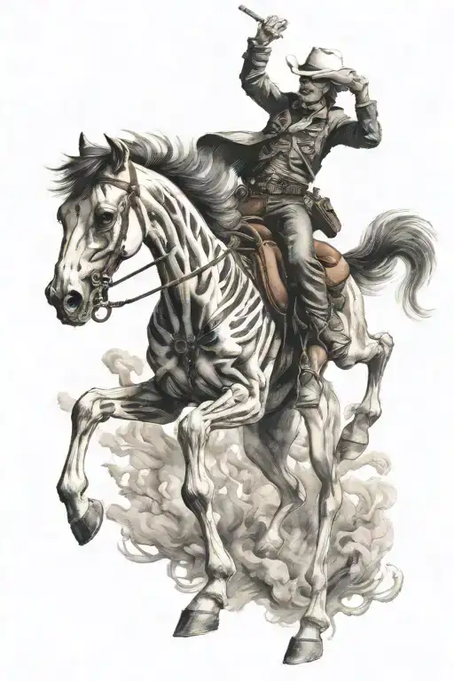 skeleton cowboy, smoking, skeleton horse, running tattoo design idea