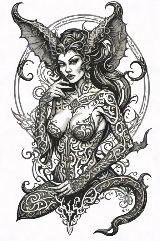 Succubus, Attractive woman, Seductive, Large breasted, full body tattoo design idea