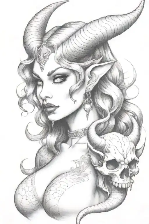succubus, seductive, tongue out, sexual, large breasted, attractive woman, demoness, twisted horns tattoo design idea