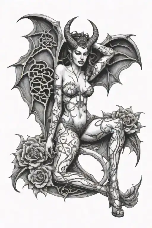 succubus, full body, seductive, large breasted, thorns tattoo design idea