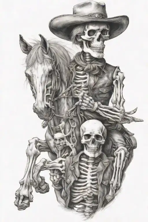 skeleton cowboy, skeleton horse, detailed tattoo design idea