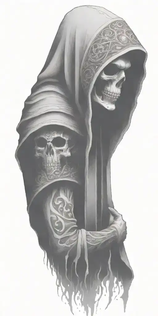 hooded reaper silohuette, smoke, fire, scary, bat wings tattoo design idea