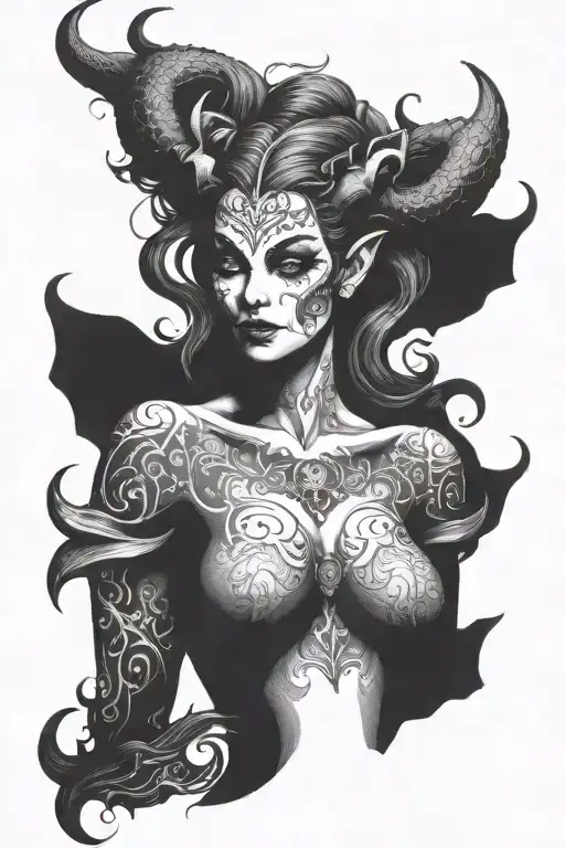 succubus, full body, silohuette, large horns, smiling, seductive tattoo design idea