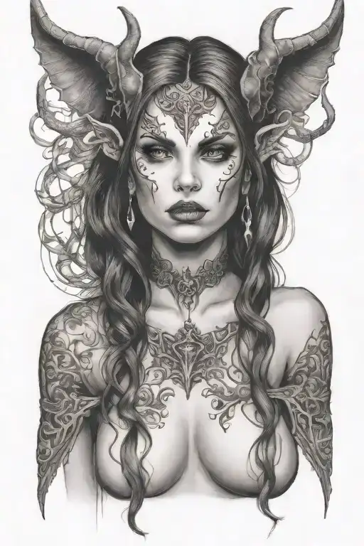 succubus, attractive woman, face, seductive tattoo design idea
