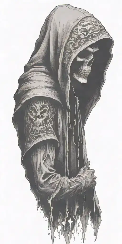 hooded reaper silohuette, smoke, fire, scary, bat wings tattoo design idea